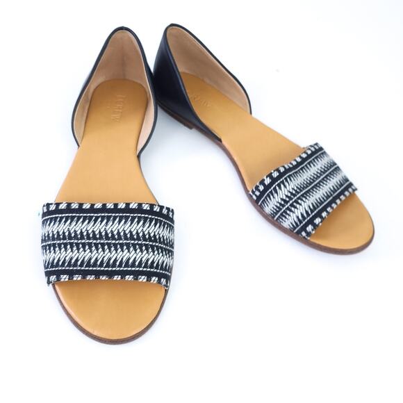 J. Crew F2028 Black Leather Striped Textile Women's Peep Toe D'Orsay Flats 9M - Picture 1 of 7